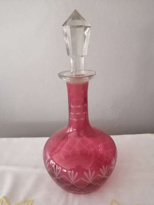 Cranberry Flashed Etched Sherry Decanter with silver plate sherry label