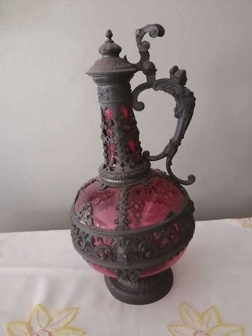 German Antique Cran berry Bacchus Angel Claret Wine Pitcher.