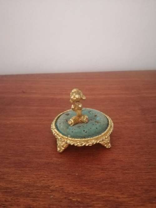 Ornate Gold Tone Hat Pin Stand with Poodle Dog and 13 Hat Pins