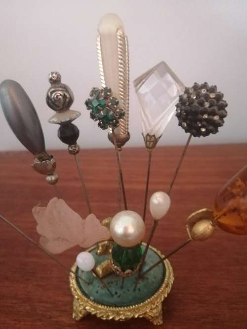 Ornate Gold Tone Hat Pin Stand with Poodle Dog and 13 Hat Pins