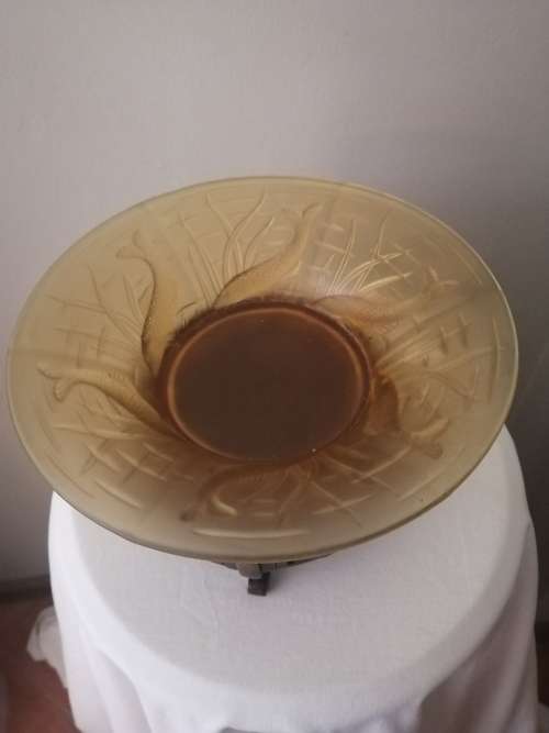 Chinese Koi Fish Bowl Lalique in Style on a Wooden Stand