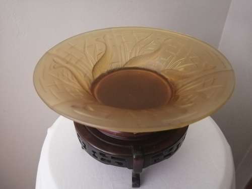 Chinese Koi Fish Bowl Lalique in Style on a Wooden Stand