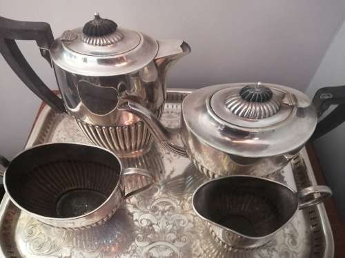Sheffield Silver plate Tea and Coffee Set on a Gallery Tray
