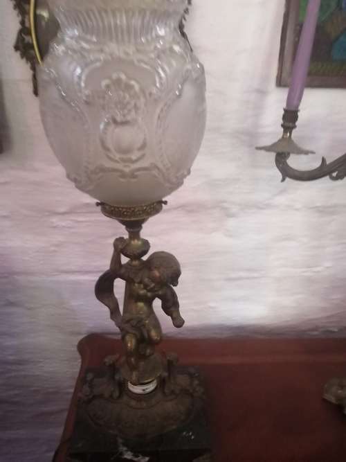 Antique Italian Bronze Cherub Lamp with Original Glass Shade