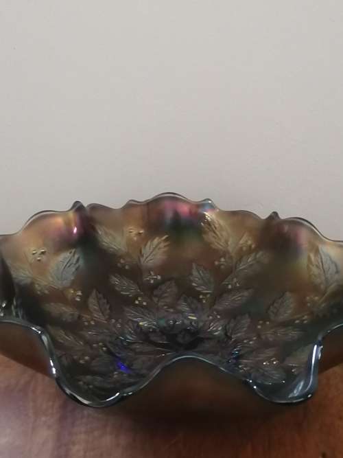 Fenton Carnival Glass Ruffled Bowl with Holly Design