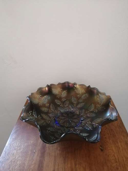 Fenton Carnival Glass Ruffled Bowl with Holly Design