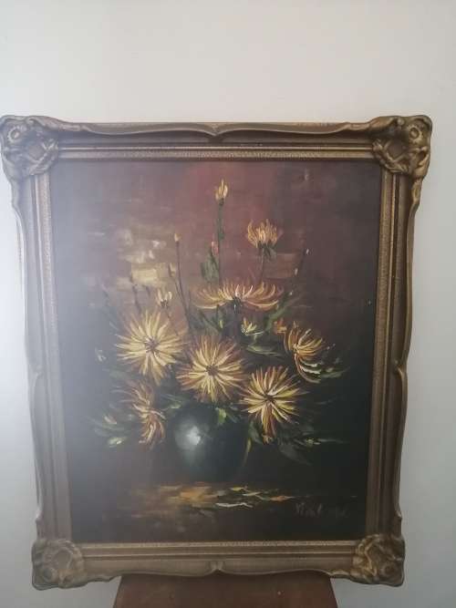 Painting of Dalias framed in ornate Gold frame