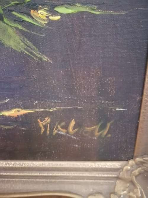 Painting of Dalias framed in ornate Gold frame