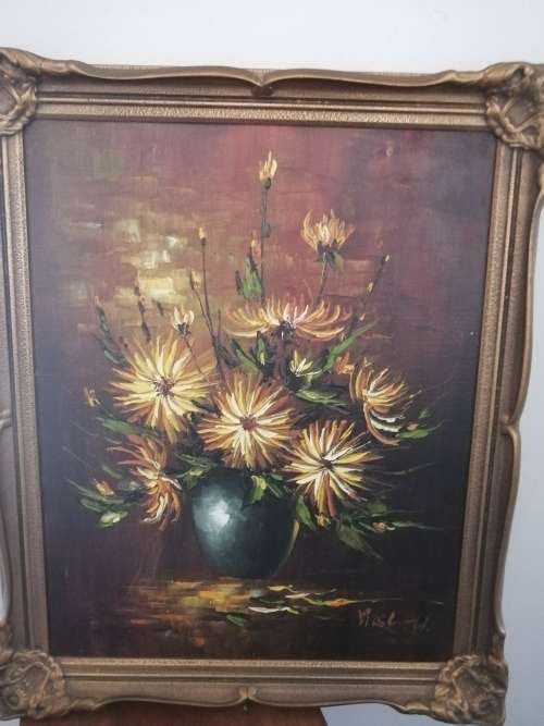 Painting of Dalias framed in ornate Gold frame