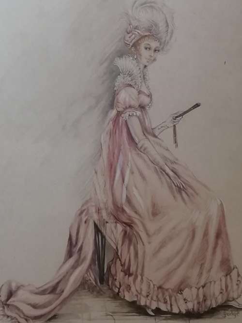 Watercolor of Fashion Picture Framed by S Judge.