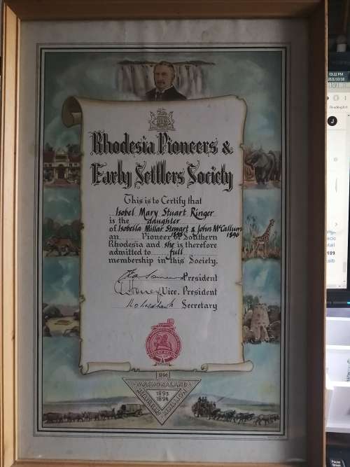 Rare Original Colored Certificate `Rhodesian Pioneers and Early Settlers Society`