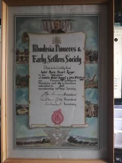 Rare Original Colored Certificate `Rhodesian Pioneers and Early Settlers Society`
