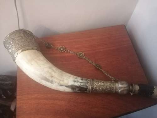 Large Antique Powder Horn with silver plate Embellishments.