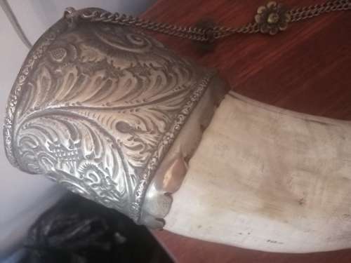Large Antique Powder Horn with silver plate Embellishments.