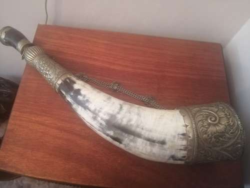 Large Antique Powder Horn with silver plate Embellishments.