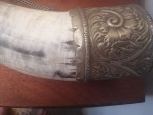 Large Antique Powder Horn with silver plate Embellishments.