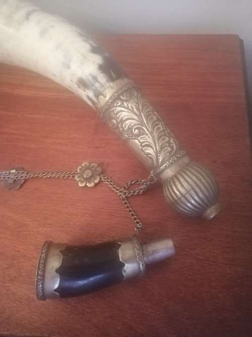 Large Antique Powder Horn with silver plate Embellishments.