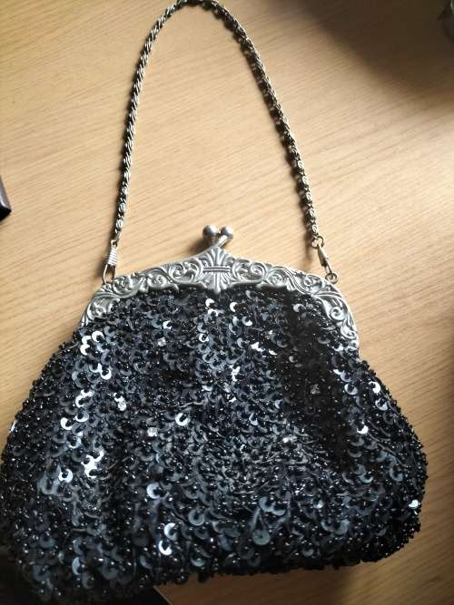 Vintage Black Beaded Evening Bag with Detailed silver tone frame