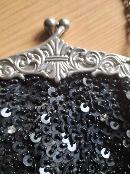 Vintage Black Beaded Evening Bag with Detailed silver tone frame