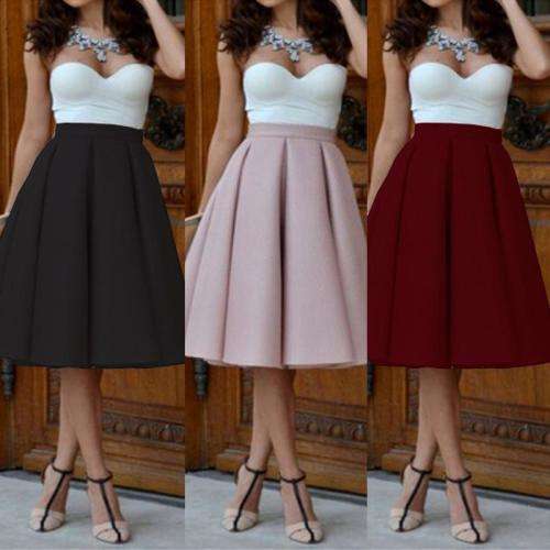 Lady Vintage Stretch High Waist Plain Skater Flared Pleated Long Skirt Dress