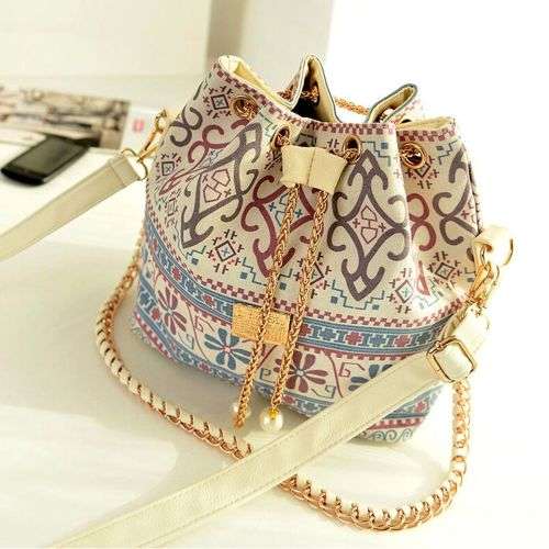 Pearl String Bucket Bag PU Leather Cross Strap