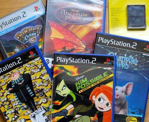 5 PLAYSTATION2 GAMES + NEW PS2 MEMORY CARD. DESPICABLE ME, KIM POSSIBLE, CHARLOTTE'S WEB & more