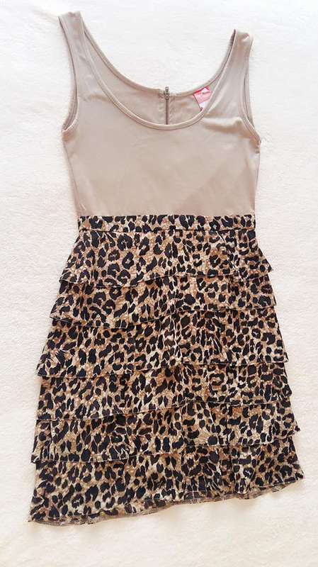 Sexy And Playful Nude and Leopard Print Frill Dress - Size 8 / 32