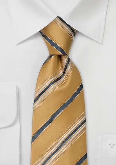 STRIPED YELLOW 100% SILK NECK TIE + MATCHING HANKIE + MATCHING CUFFLINKS