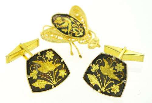 Vintage Gold Inlay Brooch & Cufflinks Set