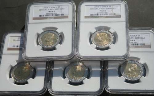 2008 MANDELA 90TH BIRTHDAY COIN NGC GRADED MS 65 x 5 ALL FOR ONE BID