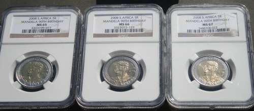 2008 MANDELA 90TH BIRTHDAY COIN NGC GRADED MS 65,66 & 67 ALL FOR ONE BID