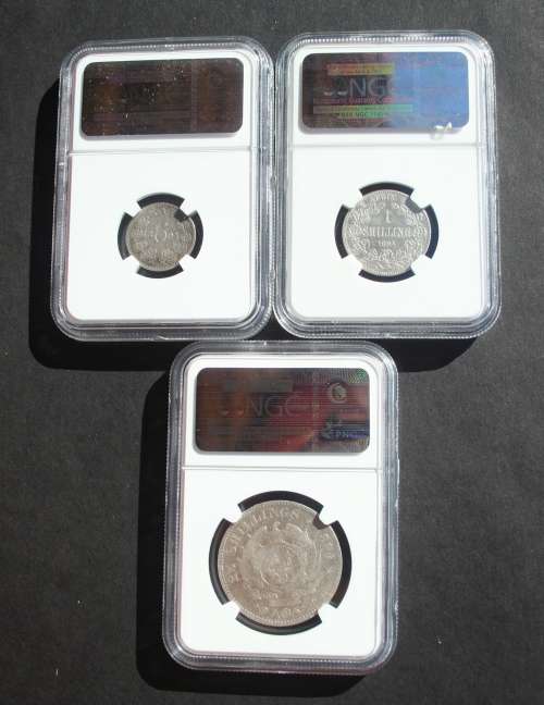 1894 6 PENCE VF 30, 1 SHILLING VF, PLUS 2.5 SHILLING VF 20 NGC GRADED ALL FOR ONE BID
