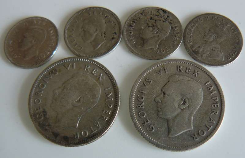 80% SILVER COINS 4 X 3D PLUS 2 X SHILLINGS ALL FOR ONE BID