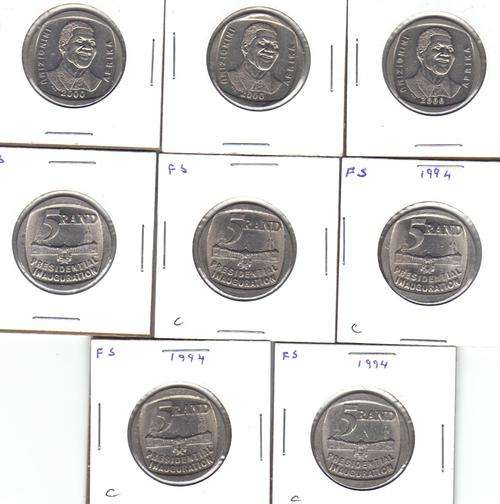 3 X 2000 MANDELA AND 5 INANURATION R5 COINS ALL FOR ONE BID