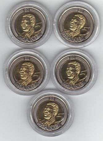 5 MANDELA COINS FROM BANK IN CAPSULES