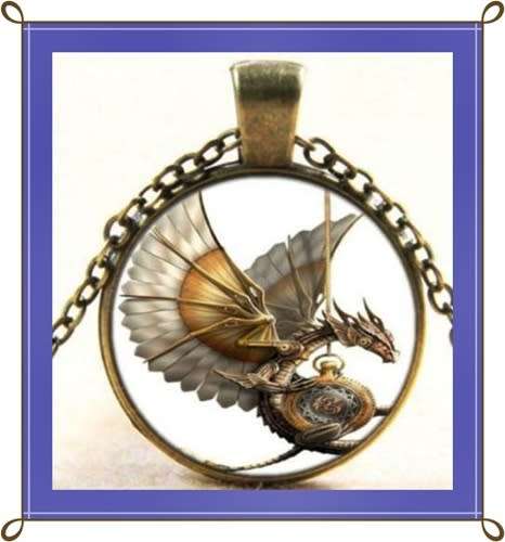 Vintage steampunk dragon glass pendant necklace