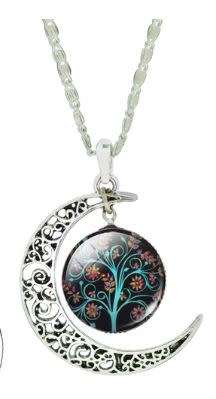 Flowering tree and quarter moon pendant and chain sterling silver plated