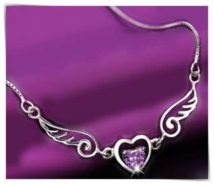 Simulated Amethyst in cute tiny heart on silver plated chain