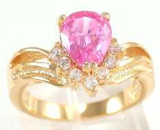 Pink simulated Sapphire in Yellow Gold overlay ring  Size 8