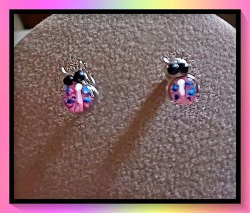 Sterling silver and pink enamel ladybug earrings