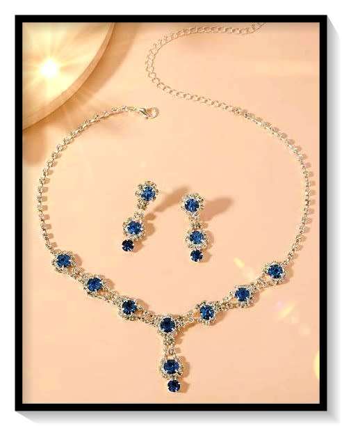 Beautiful simulated sapphire round cut necklace and earring set (39-46cm necklace)