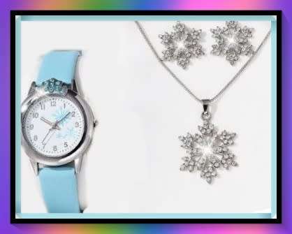 Snowflake design necklace and earring set with sky blue watch