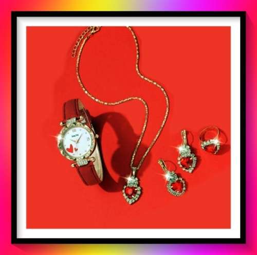 Bundle of hearts necklace, earrings, ring and watch set