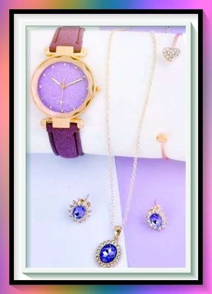 Perfect purple jewellery set with watch, bracelet, necklace and earrings