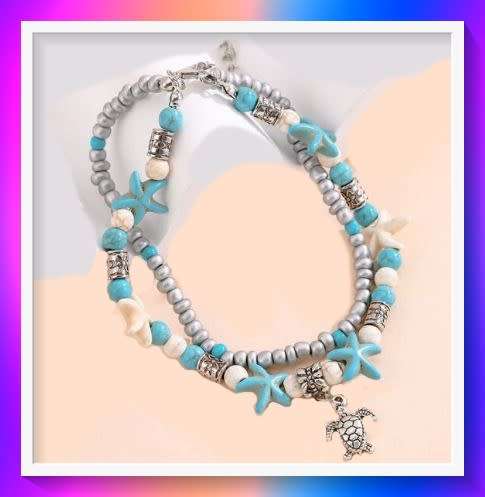 Tortoise Charm Beaded Layered Anklet