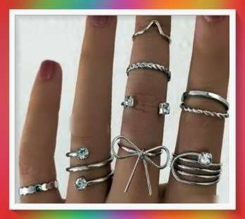 Darling Rhinestone & Bow  Ring set Silver colour 8pc