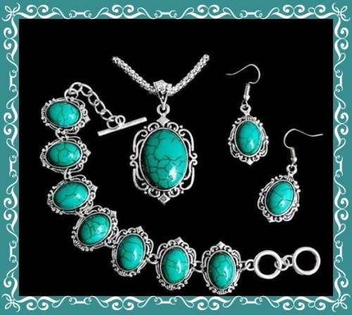 Tantalizing Tibetan Silver and Faux Turquoise pendant, bracelet and earring set