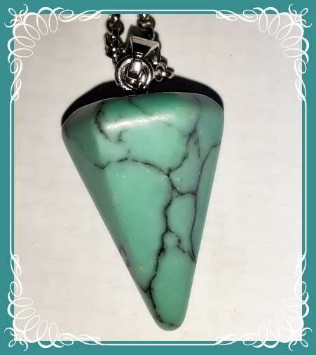 Turquoise stone pyramid pendant with chain to draw good karma