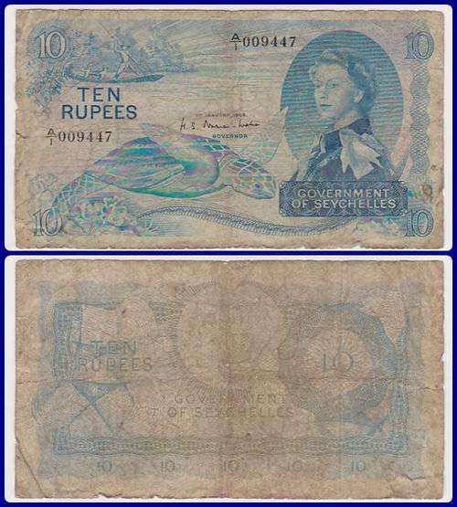 SEYCHELLES - 1968 - 10 RUPEES - PIC# 15a - VG NOTE - A/1 009..
