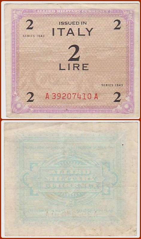 ITALY (A.M.C.) - 1943 - 2 LIRE - VF NOTE - S/N: A392..